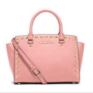 Michael Kors Bags | Selma Medium Stud Top Zip Pale Pink / Gold, Gold/Pink